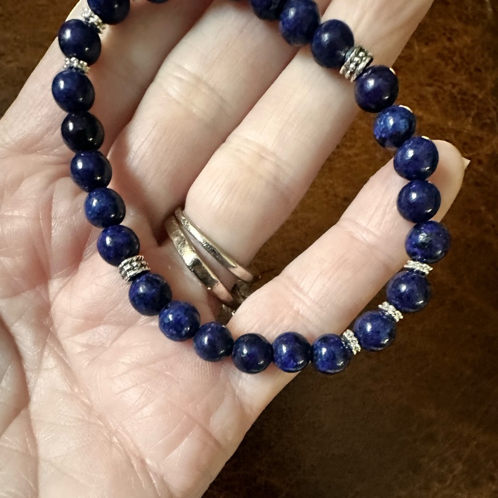 Handcrafted Blue with silver Beaded stretch Bracelet